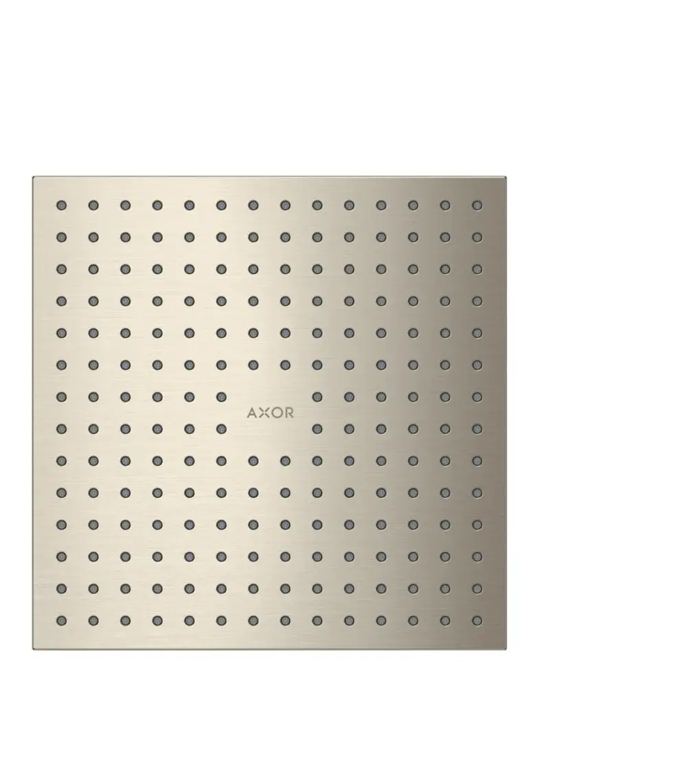 Kopfbrause von AXOR in brushed nickel, quadratisches Design mit gleichmäßig verteilten Düsenlöchern zur Wasserausgabe.